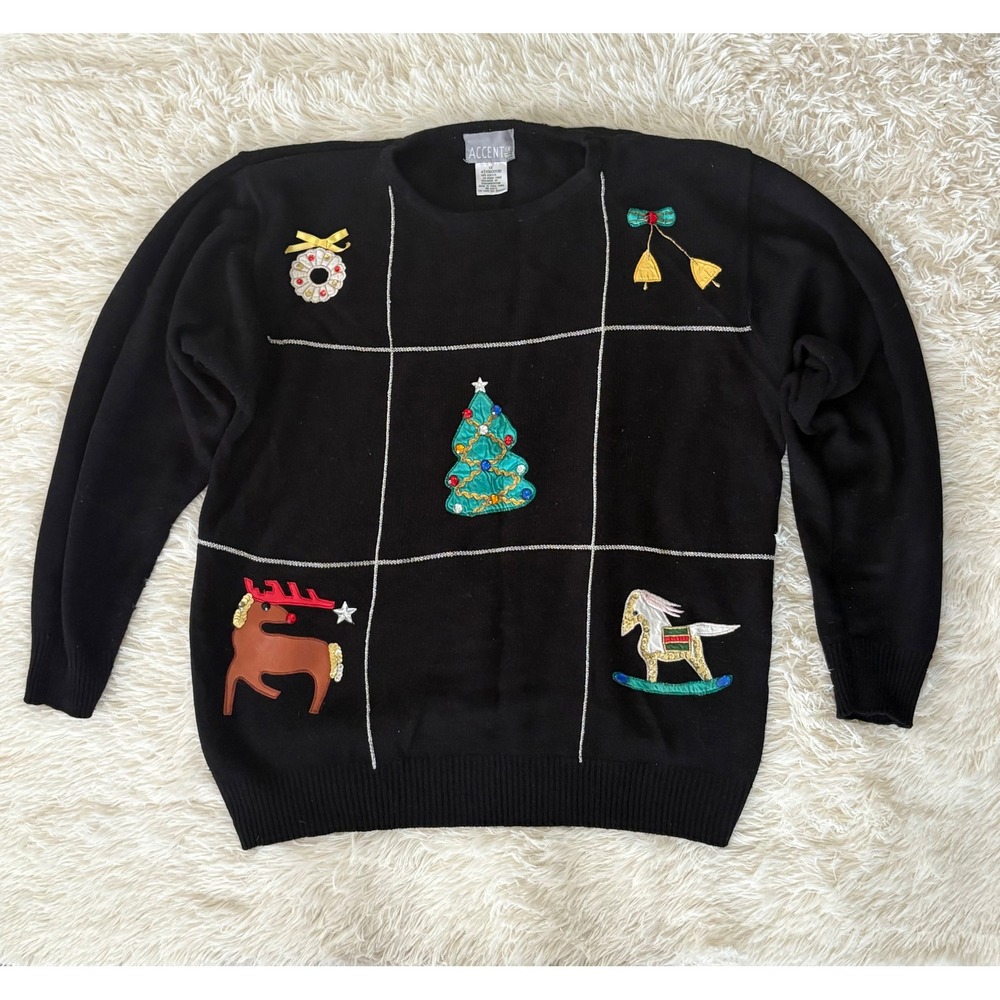 Accent‎ On You Black Festive Sequin Christmas Sweater Wreath Reindeer Horse 1X